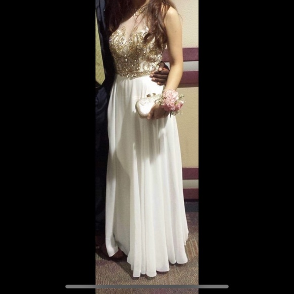 Cream/white A-line prom dress with gold/yellow rhinestones - Picture 13 of 14